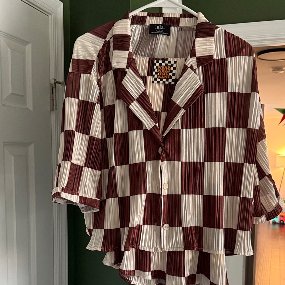 Dressed in LALA Burgundy & Cream Checkerboard Pleated Button-Down with skirt